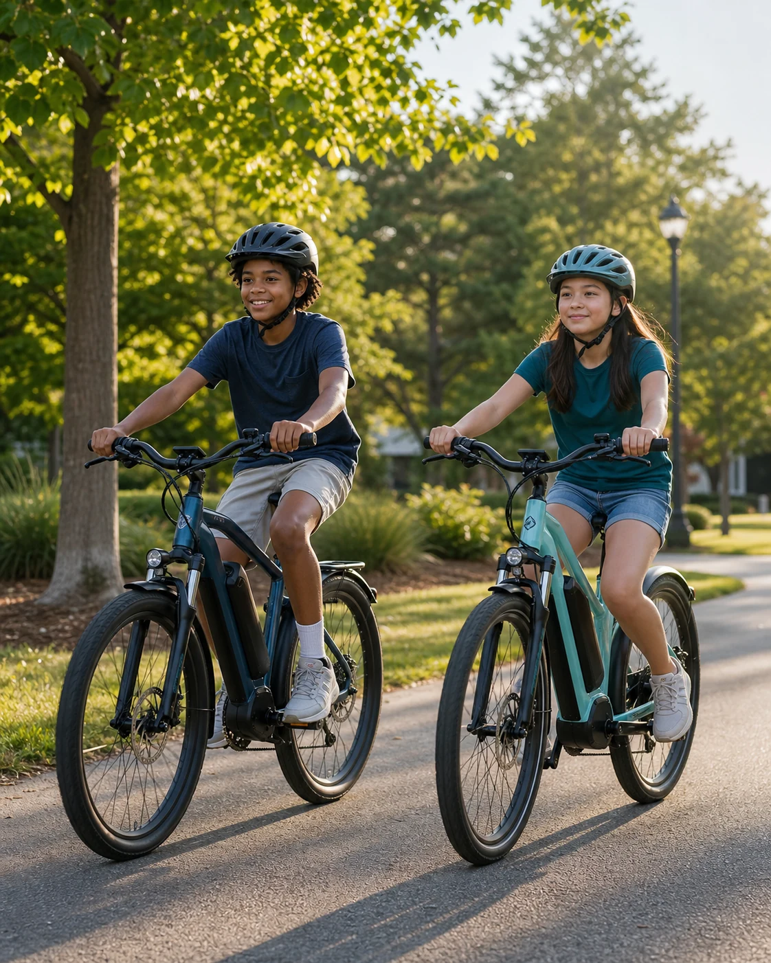 Two helmeted children riding pedal-equipped e-bikes safely on a paved neighborhood path.