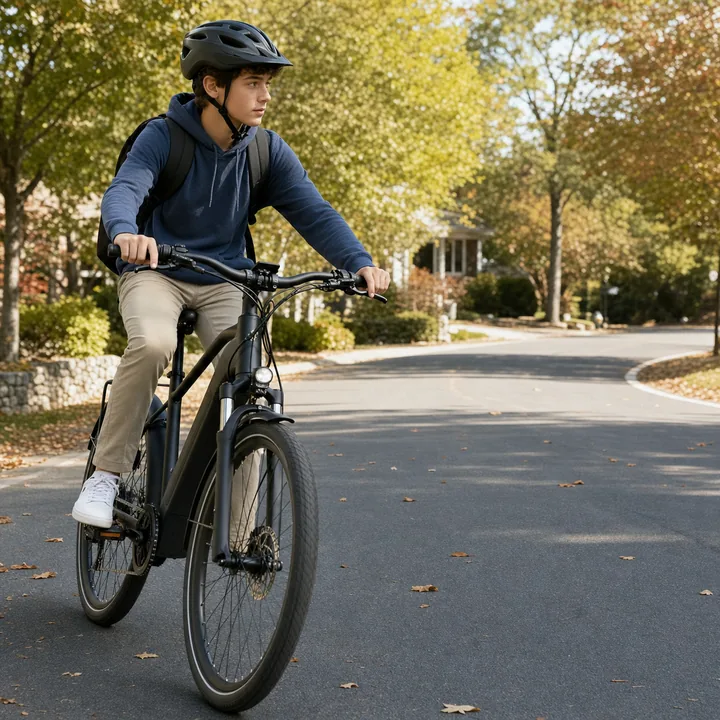 Helmeted e-bike rider slowing before a curve with hands ready on the brakes.