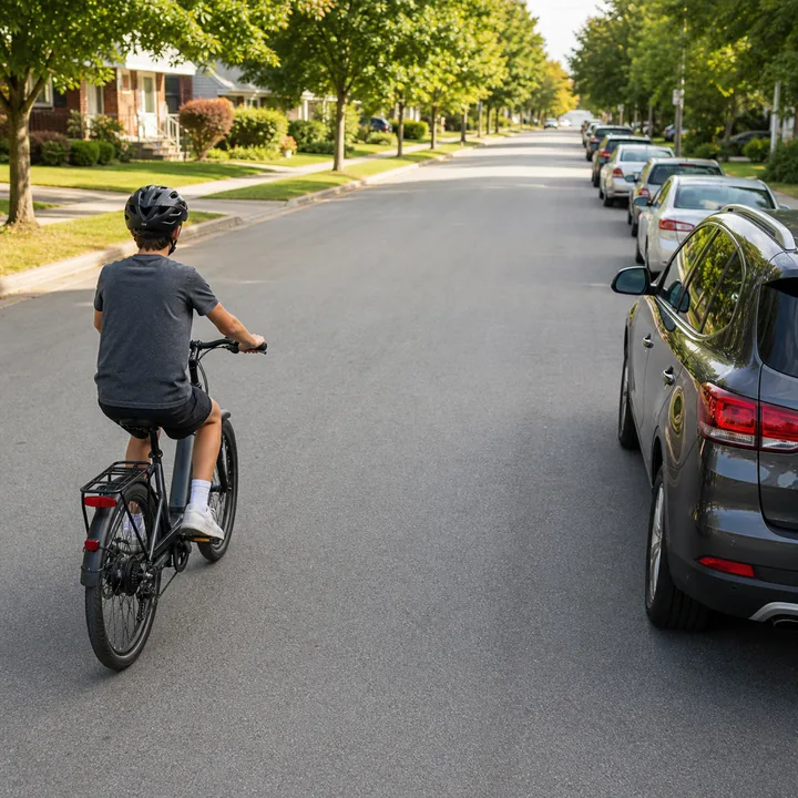 Helmeted e-bike rider leaving a wide safety buffer beside parked cars.