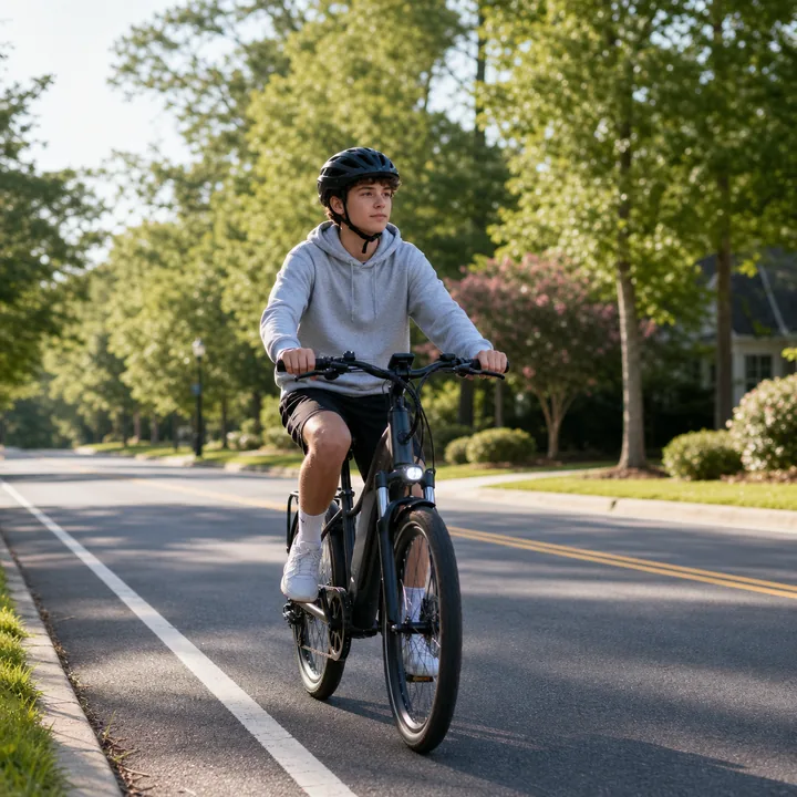 Helmeted e-bike rider traveling with traffic on a neighborhood road.