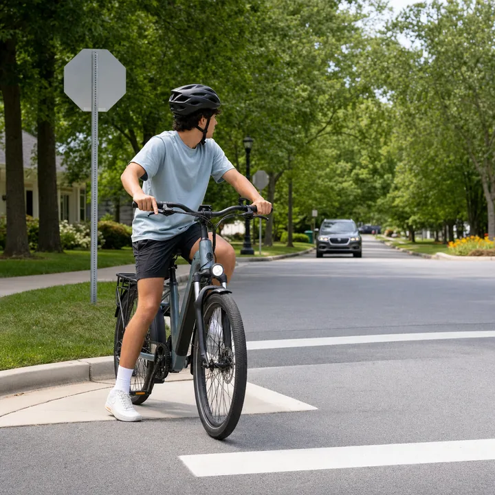 Helmeted e-bike rider stopping and looking for traffic at an intersection.