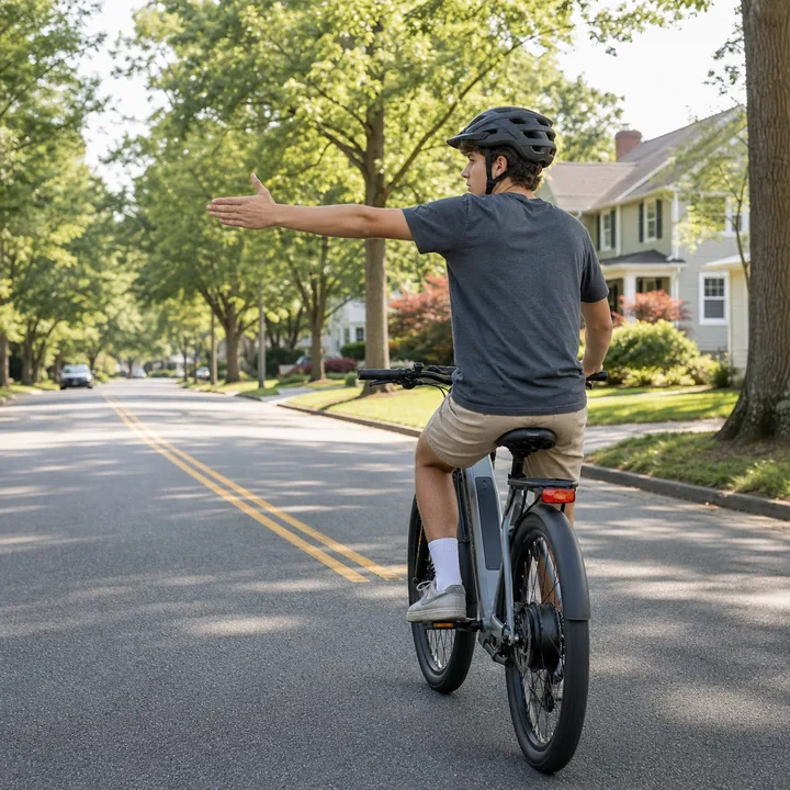 Helmeted e-bike rider giving a clear left-turn hand signal.