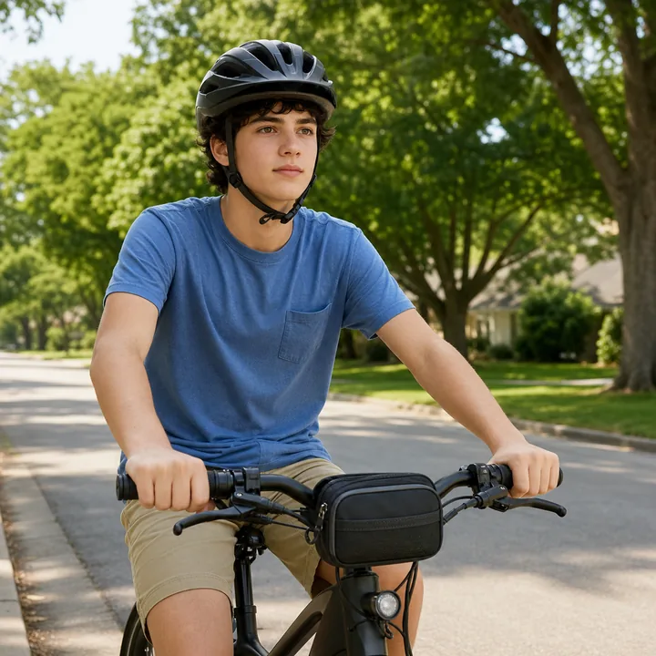 Focused helmeted e-bike rider looking ahead with both hands on the handlebars.
